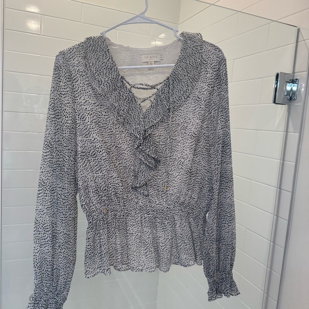 Ted Baker Black and White Ruffled Smocked Blouse